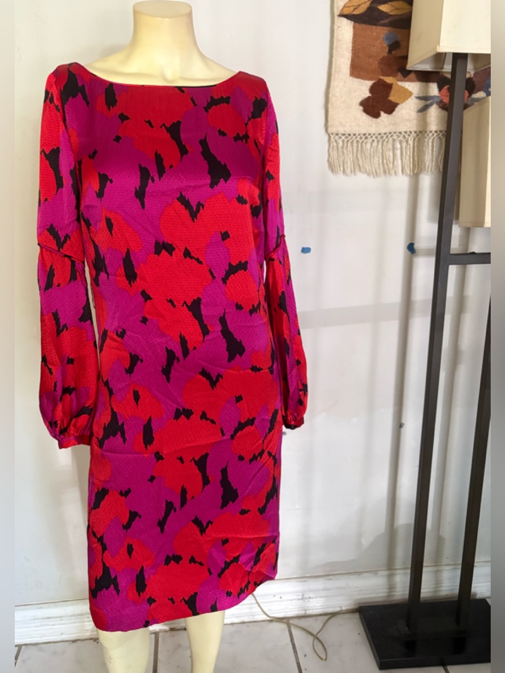Tory Burch Pink and Red Abstract Long-Sleeve Silk Shift Dress Size 4